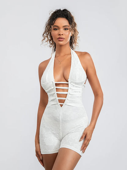 Women s Lace Bodysuit Shorts Halter Sleeveless V-Neck Back Cross Bandage Jumpsuit Tummy Control Shapewear Party Club Rompers