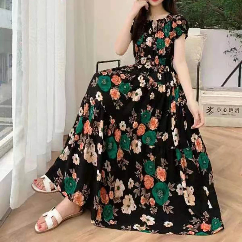 Bohemian Beach Midi Dress Floral Print Vintage O-Neck Off Shoulder Elastic Waist Large Swing Loose Elegant Party Dresses 2024