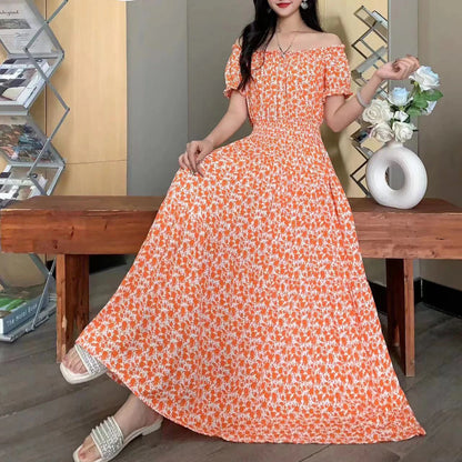 Bohemian Beach Midi Dress Floral Print Vintage O-Neck Off Shoulder Elastic Waist Large Swing Loose Elegant Party Dresses 2024