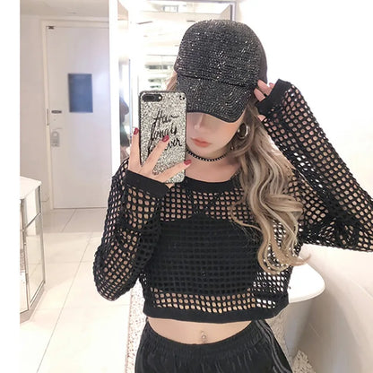 Crop Top Women's Sexy Hollow Long Sleeve T-shirt Black Hollow Long Sleeve Mesh Pullovers