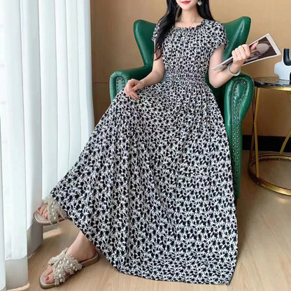 Bohemian Beach Midi Dress Floral Print Vintage O-Neck Off Shoulder Elastic Waist Large Swing Loose Elegant Party Dresses 2024