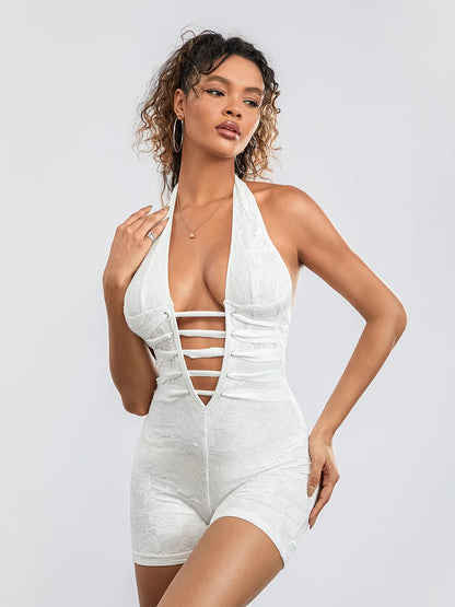 Women s Lace Bodysuit Shorts Halter Sleeveless V-Neck Back Cross Bandage Jumpsuit Tummy Control Shapewear Party Club Rompers