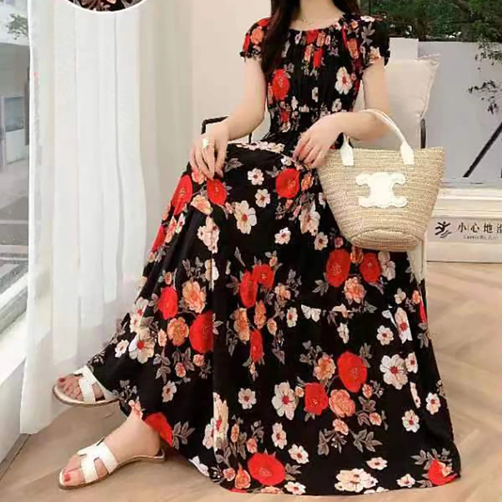 Bohemian Beach Midi Dress Floral Print Vintage O-Neck Off Shoulder Elastic Waist Large Swing Loose Elegant Party Dresses 2024