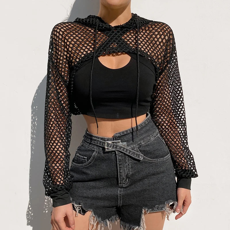 CIBBAR Street Style Fishnet Holes T Shirt See Through Hollow Out Hooded Full Sleeve Crop Top Women Casual Loose Shirt Smock Fall