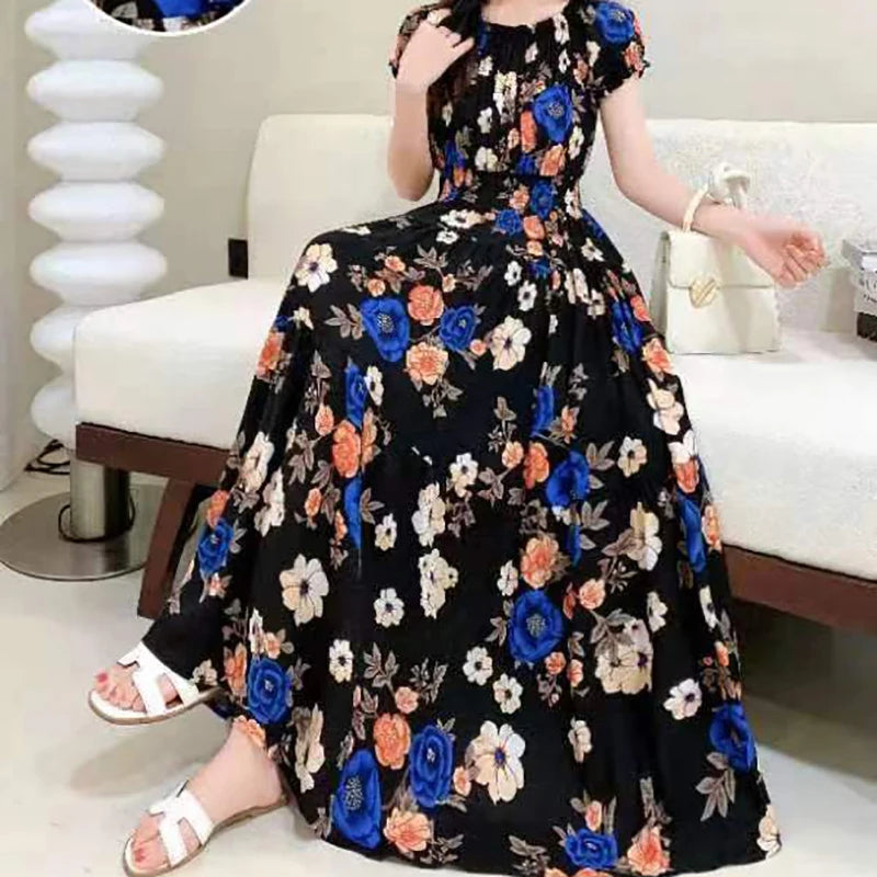 Bohemian Beach Midi Dress Floral Print Vintage O-Neck Off Shoulder Elastic Waist Large Swing Loose Elegant Party Dresses 2024