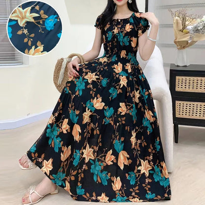 Bohemian Beach Midi Dress Floral Print Vintage O-Neck Off Shoulder Elastic Waist Large Swing Loose Elegant Party Dresses 2024