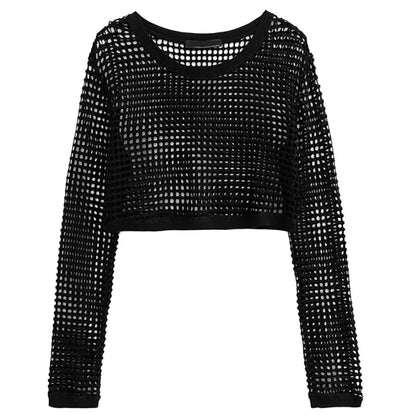 Crop Top Women's Sexy Hollow Long Sleeve T-shirt Black Hollow Long Sleeve Mesh Pullovers