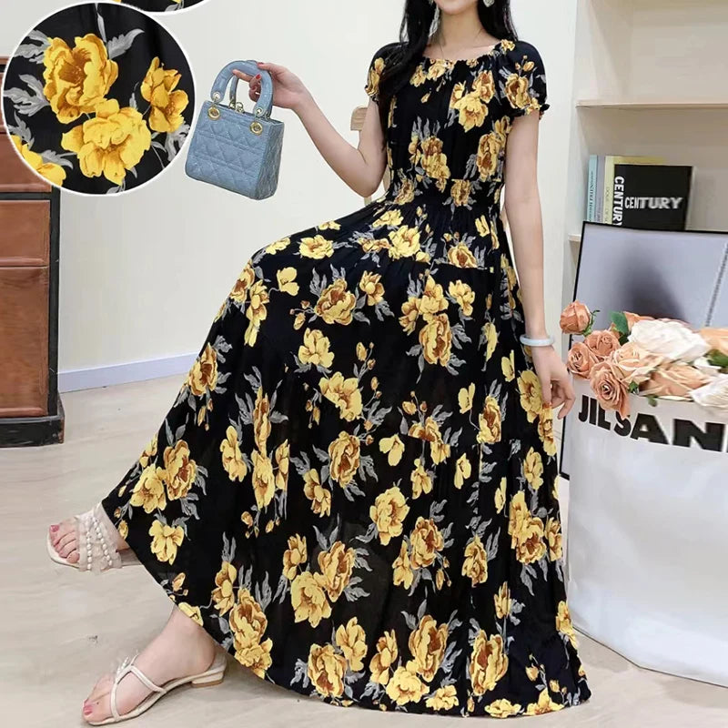 Bohemian Beach Midi Dress Floral Print Vintage O-Neck Off Shoulder Elastic Waist Large Swing Loose Elegant Party Dresses 2024