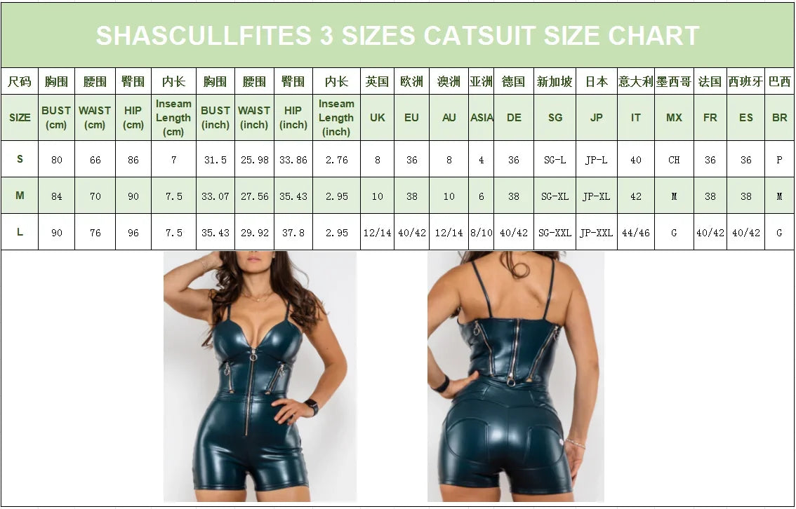 Shascullfites Melody Dark Blue Pu Leather Catsuit Overall Bodysuit Short Romper Clubwear Body Shaper with 3 Sizes Available