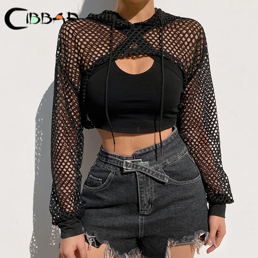 CIBBAR Street Style Fishnet Holes T Shirt See Through Hollow Out Hooded Full Sleeve Crop Top Women Casual Loose Shirt Smock Fall