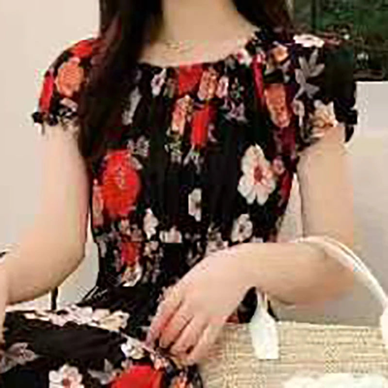 Bohemian Beach Midi Dress Floral Print Vintage O-Neck Off Shoulder Elastic Waist Large Swing Loose Elegant Party Dresses 2024