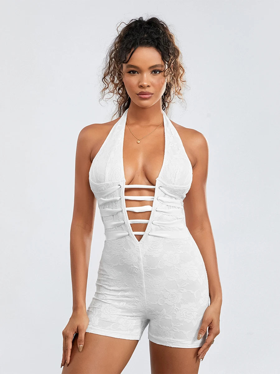 Women s Lace Bodysuit Shorts Halter Sleeveless V-Neck Back Cross Bandage Jumpsuit Tummy Control Shapewear Party Club Rompers