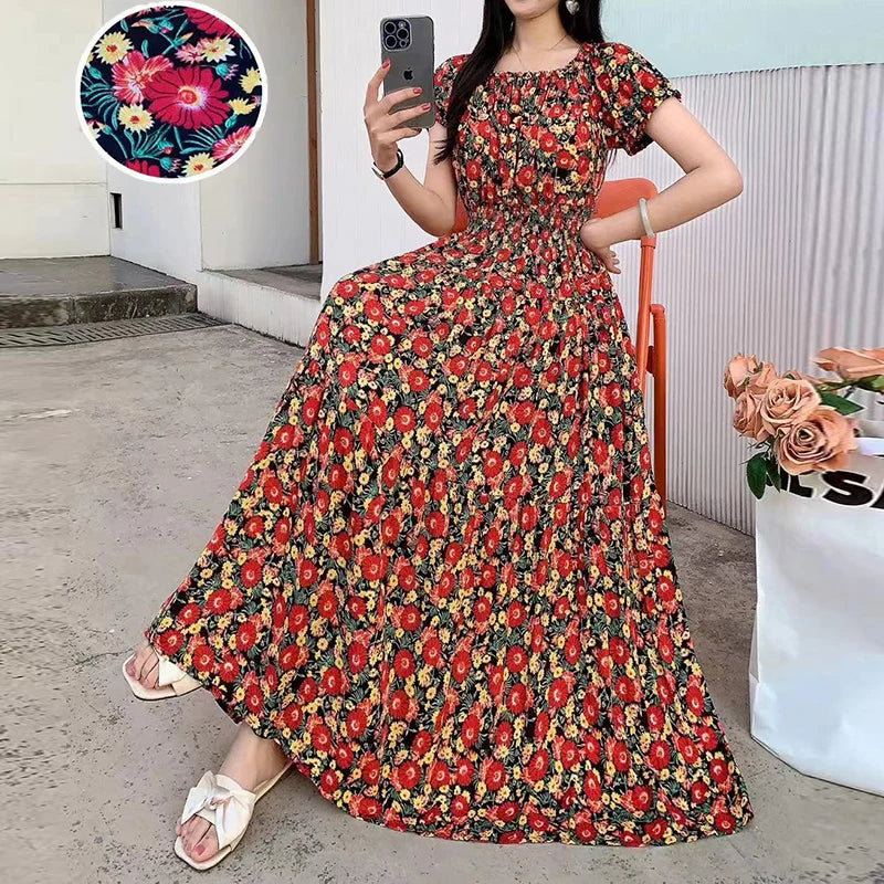 Bohemian Beach Midi Dress Floral Print Vintage O-Neck Off Shoulder Elastic Waist Large Swing Loose Elegant Party Dresses 2024