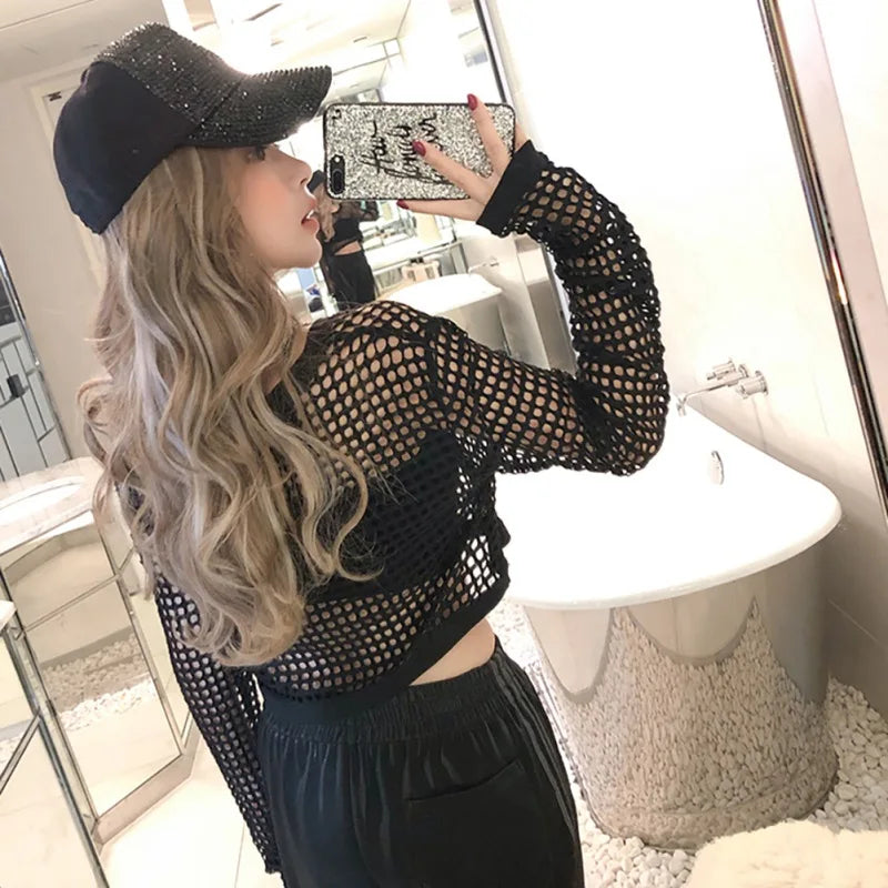 Crop Top Women's Sexy Hollow Long Sleeve T-shirt Black Hollow Long Sleeve Mesh Pullovers