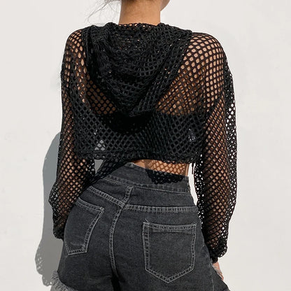 CIBBAR Street Style Fishnet Holes T Shirt See Through Hollow Out Hooded Full Sleeve Crop Top Women Casual Loose Shirt Smock Fall