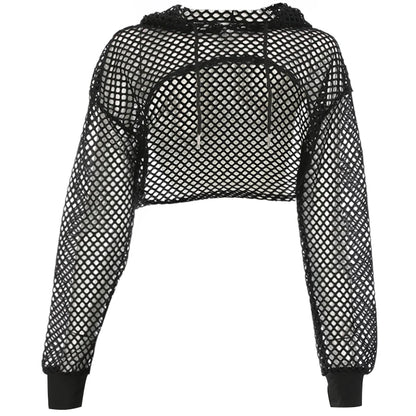 CIBBAR Street Style Fishnet Holes T Shirt See Through Hollow Out Hooded Full Sleeve Crop Top Women Casual Loose Shirt Smock Fall