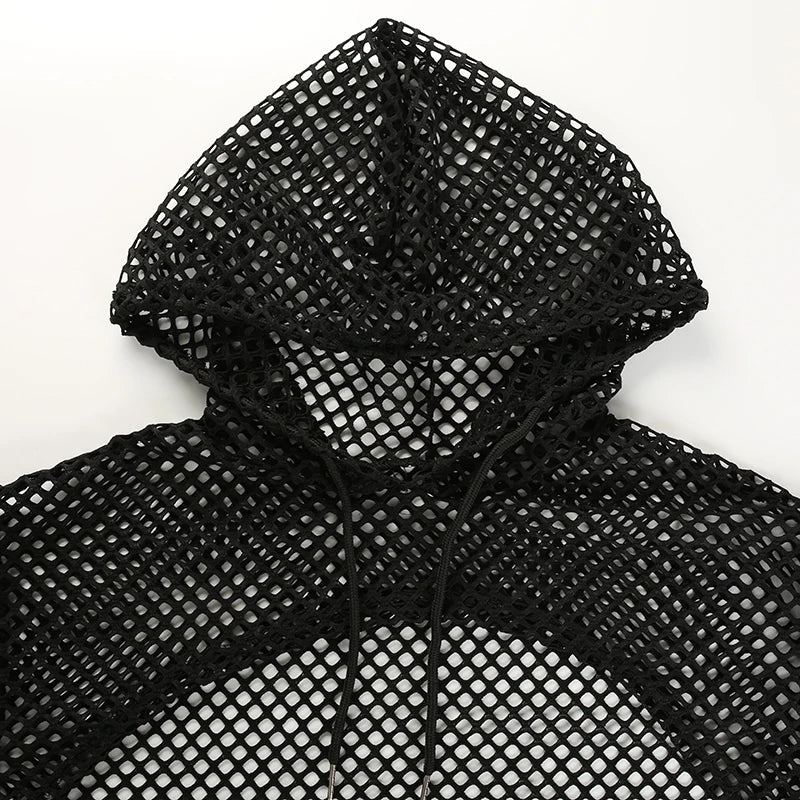 CIBBAR Street Style Fishnet Holes T Shirt See Through Hollow Out Hooded Full Sleeve Crop Top Women Casual Loose Shirt Smock Fall